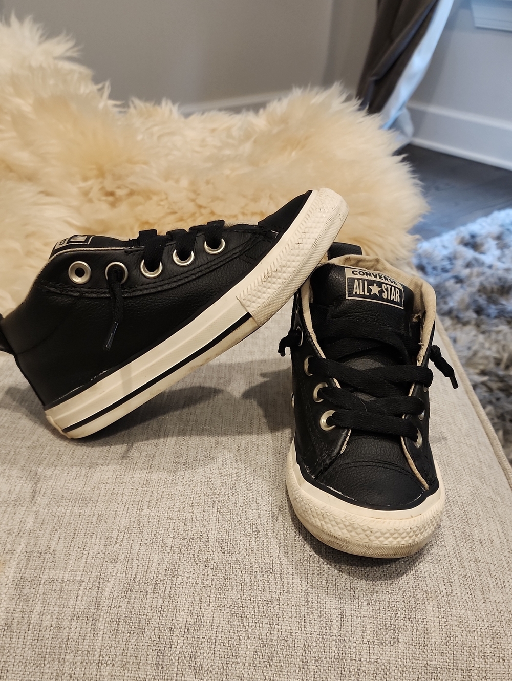 Converse Kids Black and Canvas LEATHER MID High-Top Chuck Taylor Sneakers
